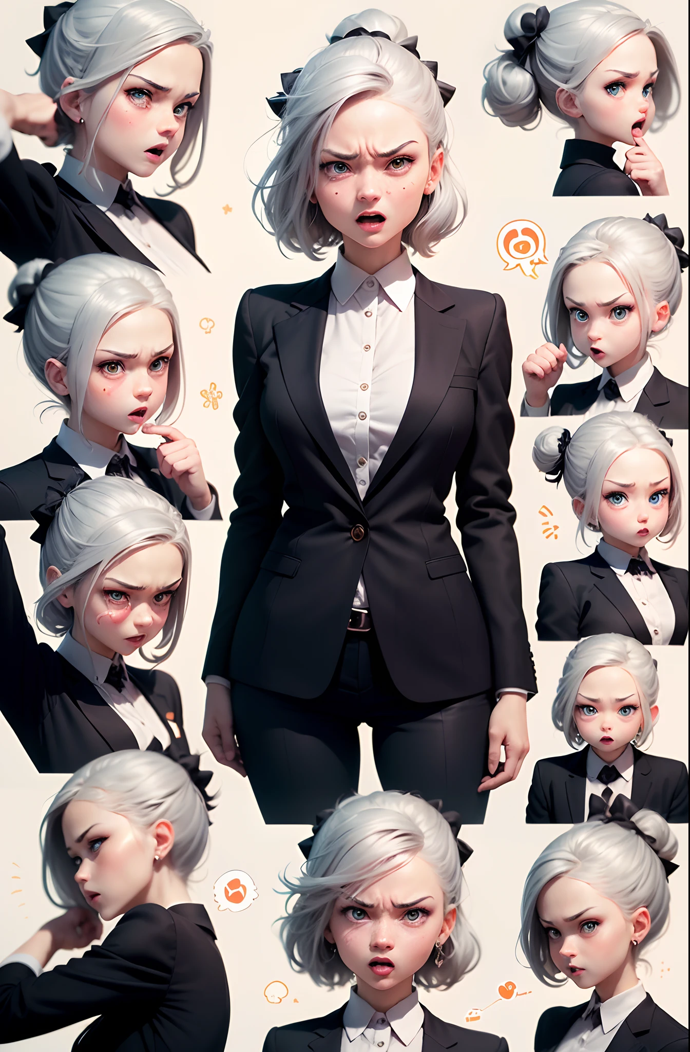 (Office worker, anime style character, Emoji pack), (silver hair, old lady, wearing suit:1.3)，(emoji design sheet)，Align arrangement, poses and expressions, (upper body),（Black strokes, Different emotions, various facial expressions), (multiple expressions of the same character:1.6)，(masterpiece, best quality, highly detailed, high-resolution illustration:1.2), (sad, happy, having fun, exhausted, big laugh, Angry, doubt, cute, wait, hurry）