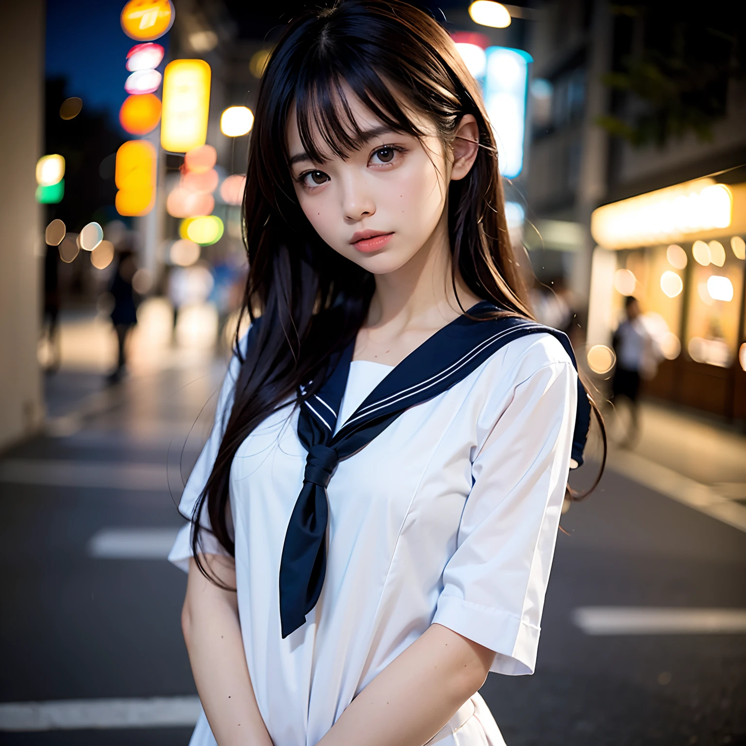 (masutepiece, Best Quality:1.2), 8K, Official art, Raw photo, Full Bord Bill Four、Uniform torn、I see underwear、skinny、years、small tits、unbelievable Ridiculous, (Upper body, 校服、a sailor suit:1.4), Beautiful Girl, Pretty Face, arching back down,、Gold hair ornament on hair、close up, Sailor Suit, Short sleeve, violaceaess, Teen, Looking at Viewer, Film grain, chromatic abberation, Sharp Focus, face lights, Dynamic lighting, Cinematic lighting, Eyes and faces with detailed, Bokeh background,