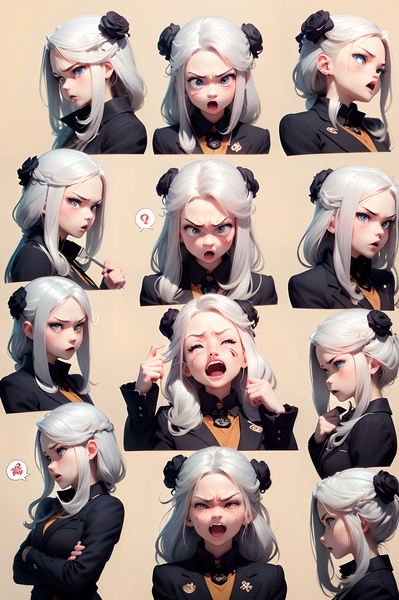 (Office worker, anime style character, Emoji pack), (silver hair, old lady, wearing suit:1.3),(emoji design sheet),Align arrangement, poses and expressions, (upper body),(Black strokes, Different emotions, various facial expressions), (multiple expressions of the same character:1.6),(masterpiece, best quality, highly detailed, high-resolution illustration:1.2), (sad, happy, having fun, exhausted, big laugh, Angry, doubt, cute, wait, hurry)