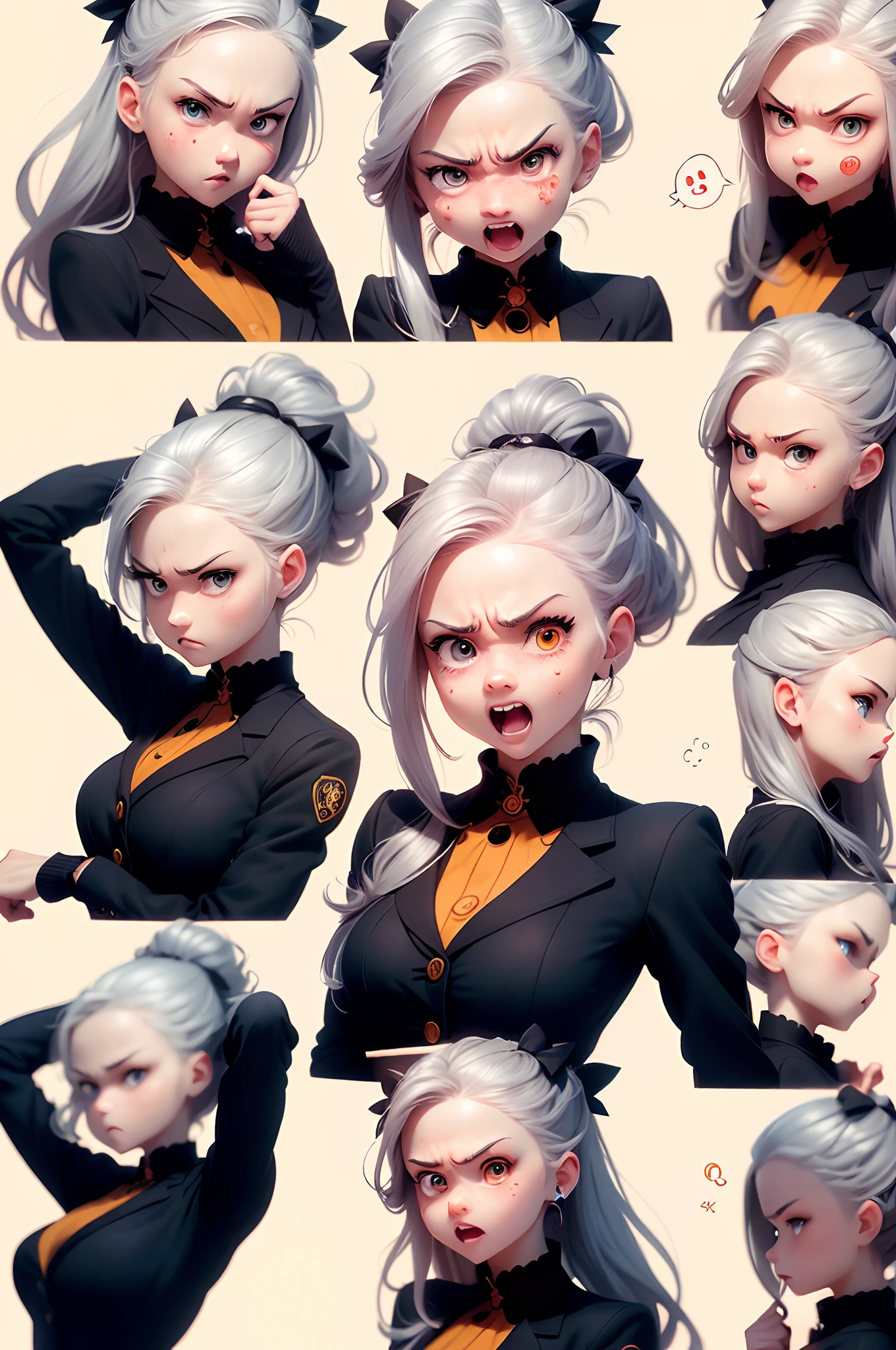 (Office worker, anime style character, Emoji pack), (silver hair, old lady, wearing suit:1.3),(emoji design sheet),Align arrangement, poses and expressions, (upper body),(Black strokes, Different emotions, various facial expressions), (multiple expressions of the same character:1.6),(masterpiece, best quality, highly detailed, high-resolution illustration:1.2), (sad, happy, having fun, exhausted, big laugh, Angry, doubt, cute, wait, hurry)