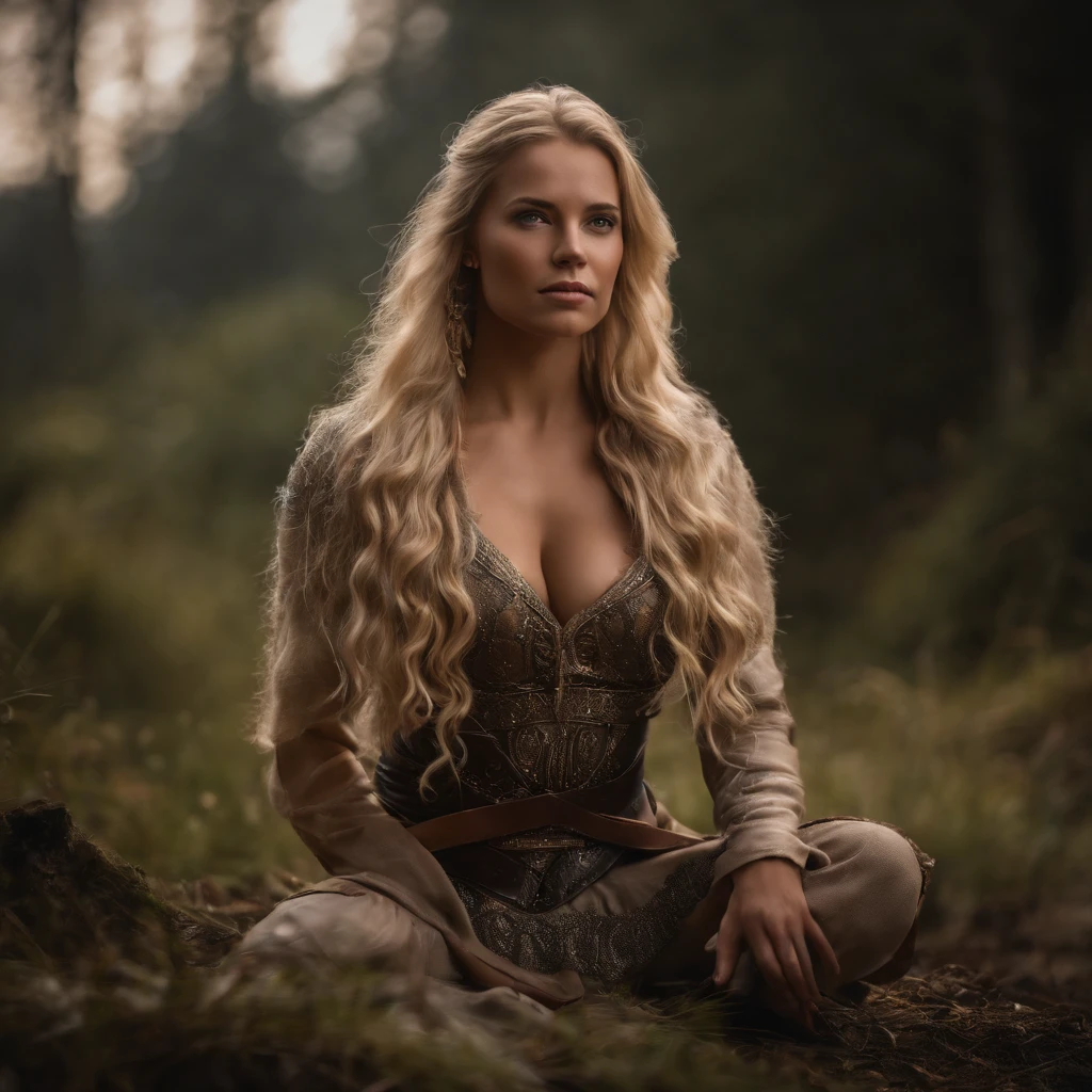 Nordic warrior Goddess, blonde hair, fierce blue eyes, full nude body, she is kneeling