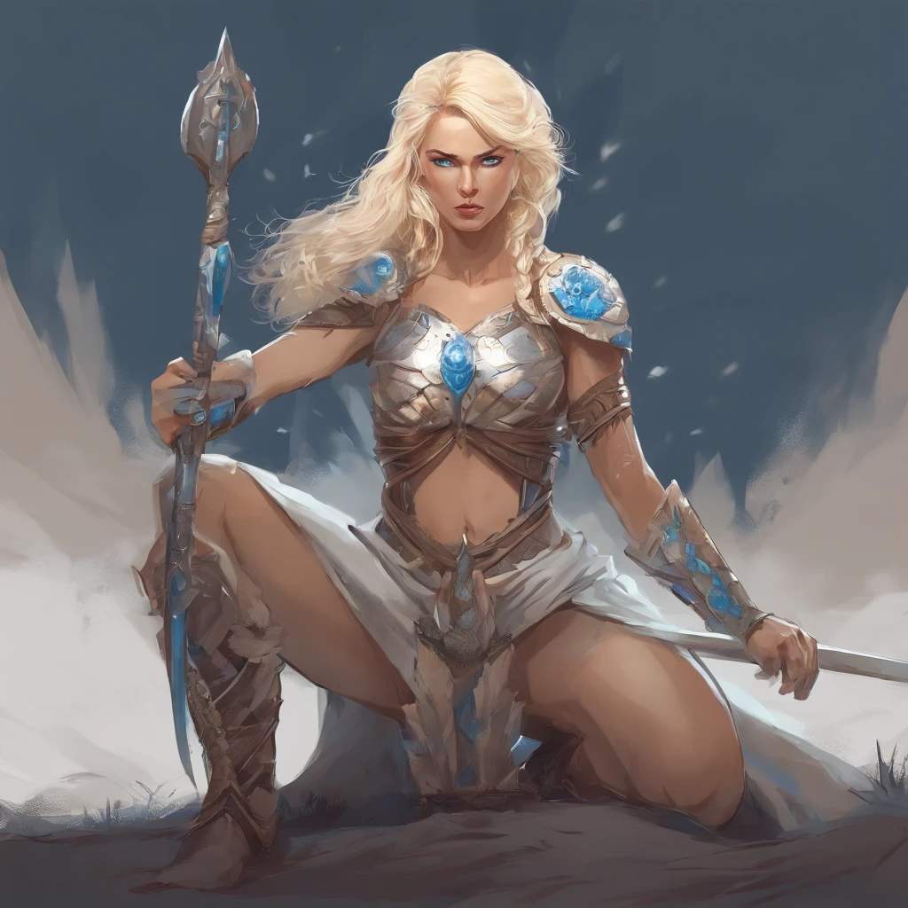 Nordic warrior Goddess, blonde hair, fierce blue eyes, full nude body, she is kneeling