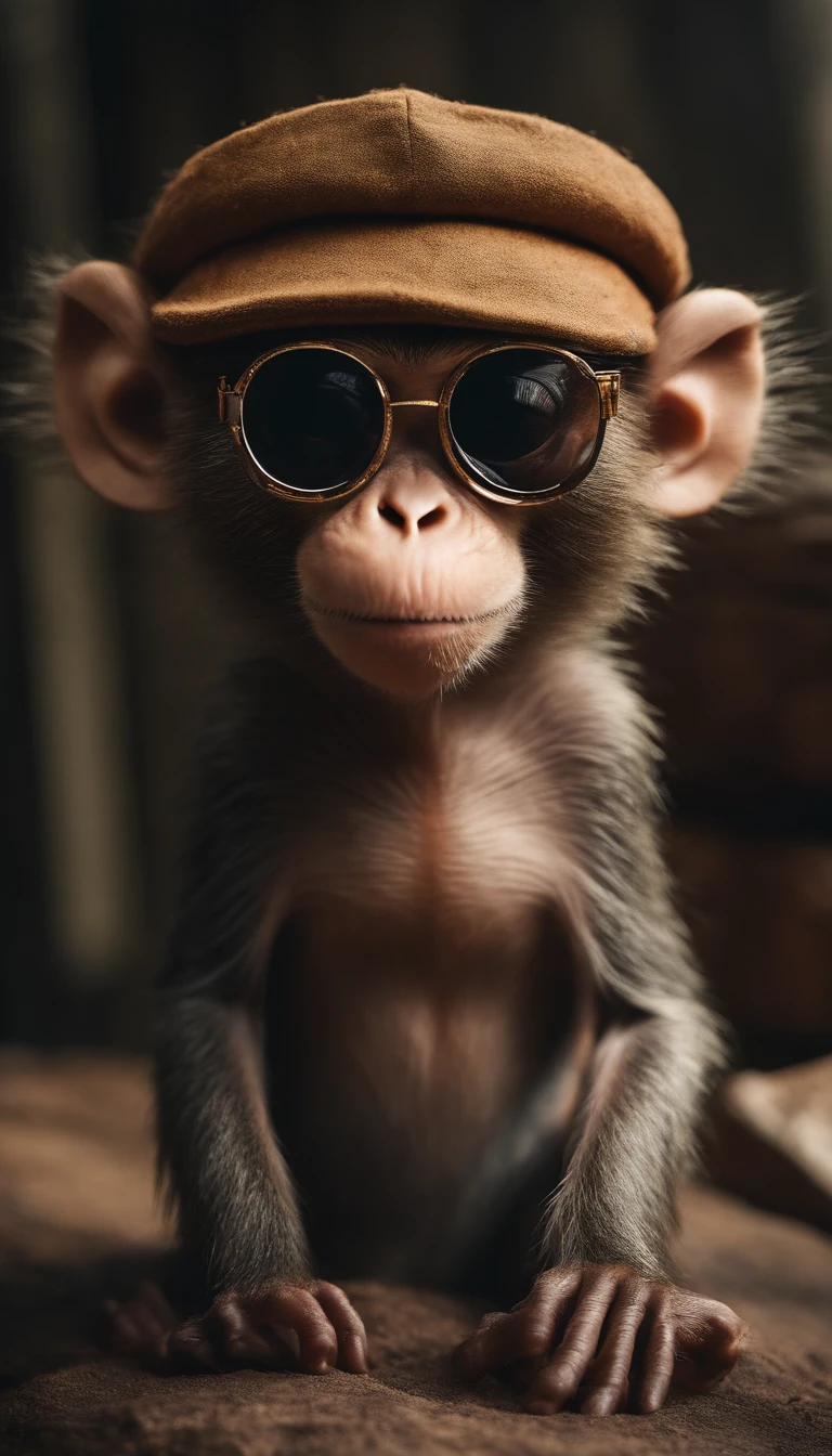 Monkey wearing sunglasses coat and cap