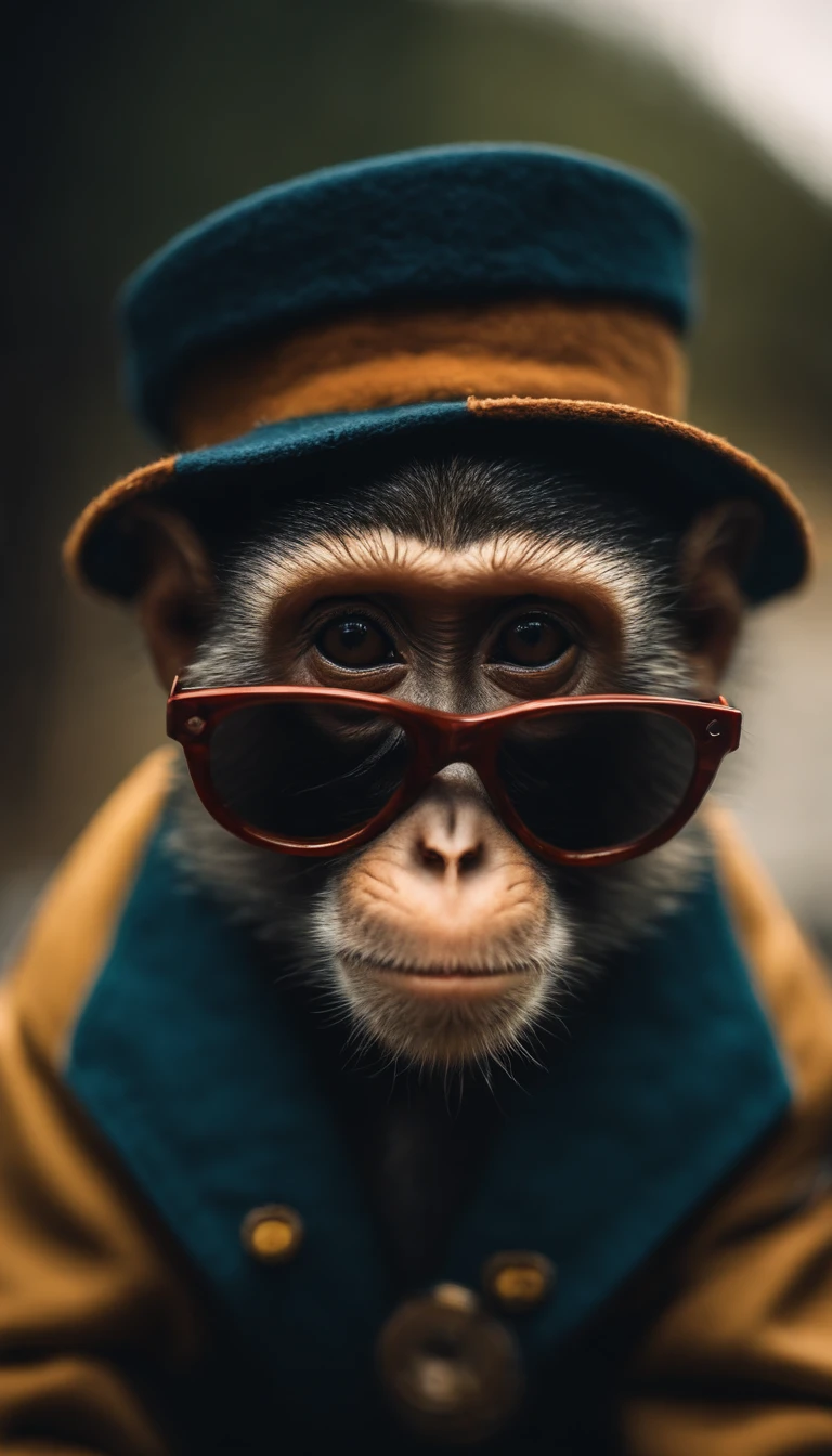 Monkey wearing sunglasses coat and cap