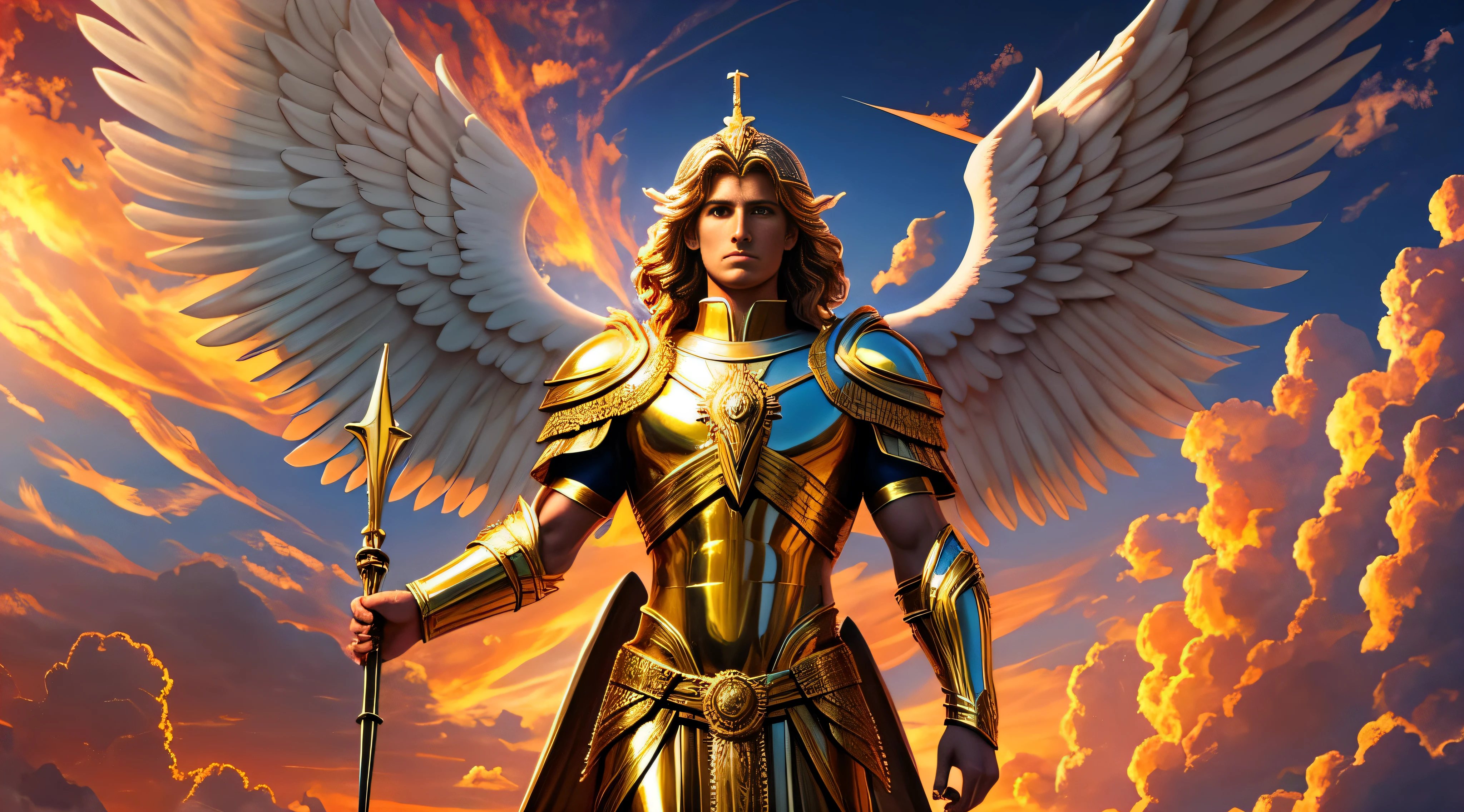 A portrait of Archangel Michael, full body, sky, clouds, sunset, sacred aura, cinematic, realistic light