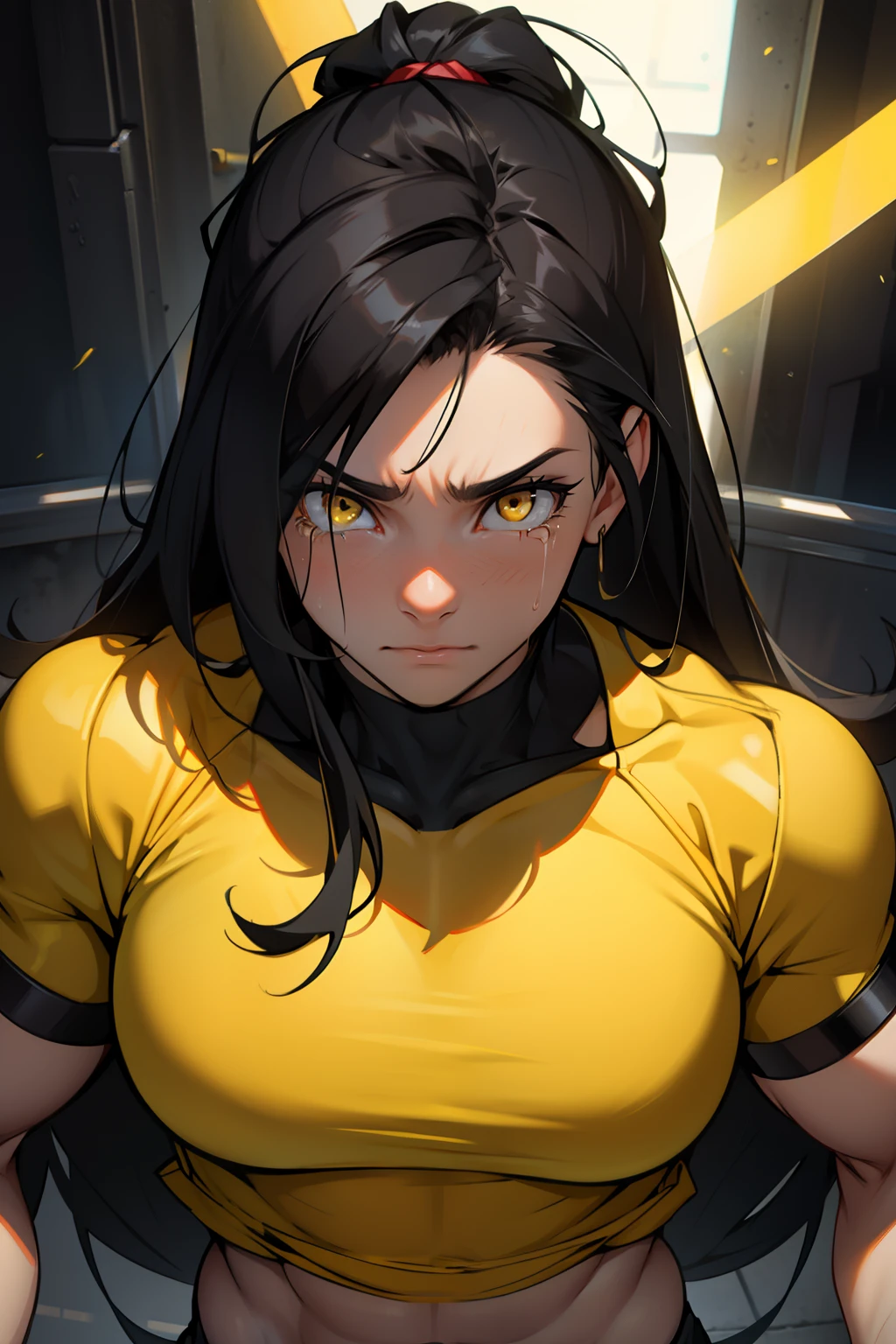 (1 girl bodybuilder) black hair very long hair yellow eyes pale skin crying