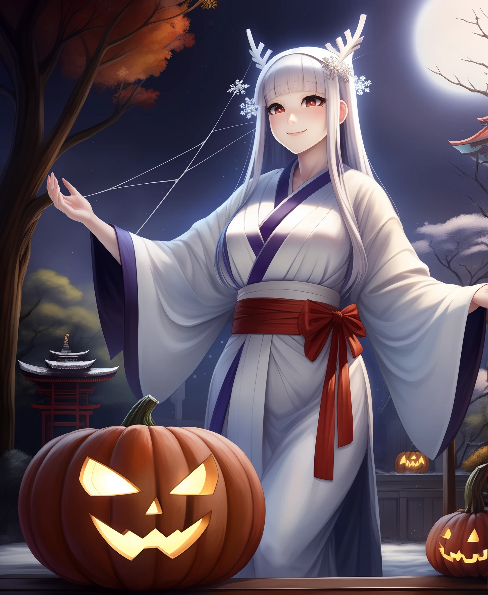 (still life:1.3), intricate details, wide shot, (1girl, Yuki Onna \(monster girl encyclopedia\), kimono, pale skin, blunt bangs, hair ornament, japanese clothes, sash, obi, snowflake hair ornament, yuki onna:1.1), looking up, seductive smile, floating, garden, palace, horror \(theme\), halloween, pumpkin, skull, spider web, bat,  night