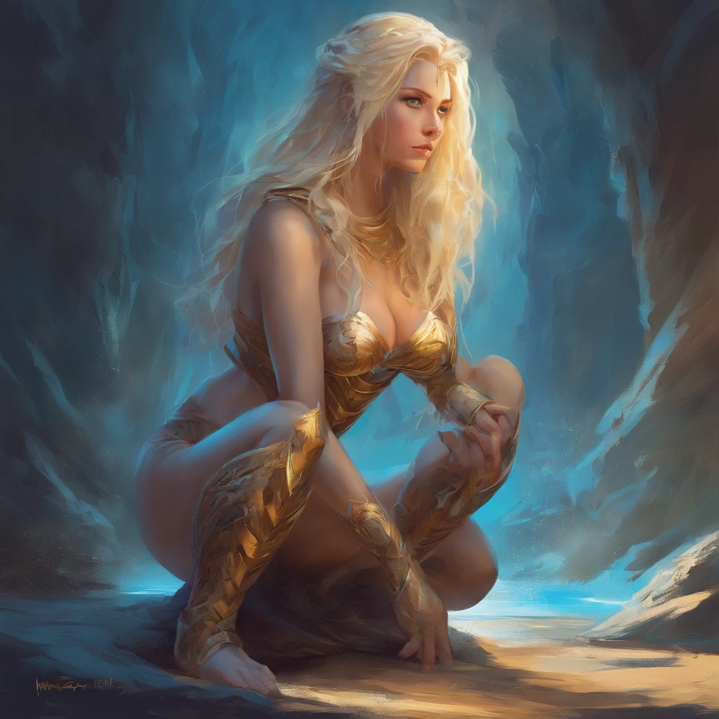 "blonde hair,fierce blue eyes,full nude body,kneeling in a sensual way,Nordic warrior Goddess,medium:oil painting,ultra-detailed,realistic,physically-based rendering,vivid colors,soft lighting"