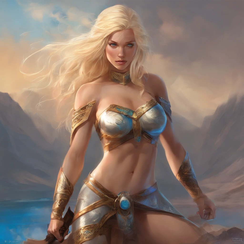"blonde hair,fierce blue eyes,full nude body,kneeling in a sensual way,Nordic warrior Goddess,medium:oil painting,ultra-detailed,realistic,physically-based rendering,vivid colors,soft lighting"