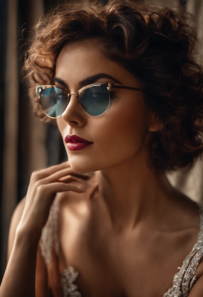 Chica, pechos grandes, sin prendas de vestir, lentes, pelo corto