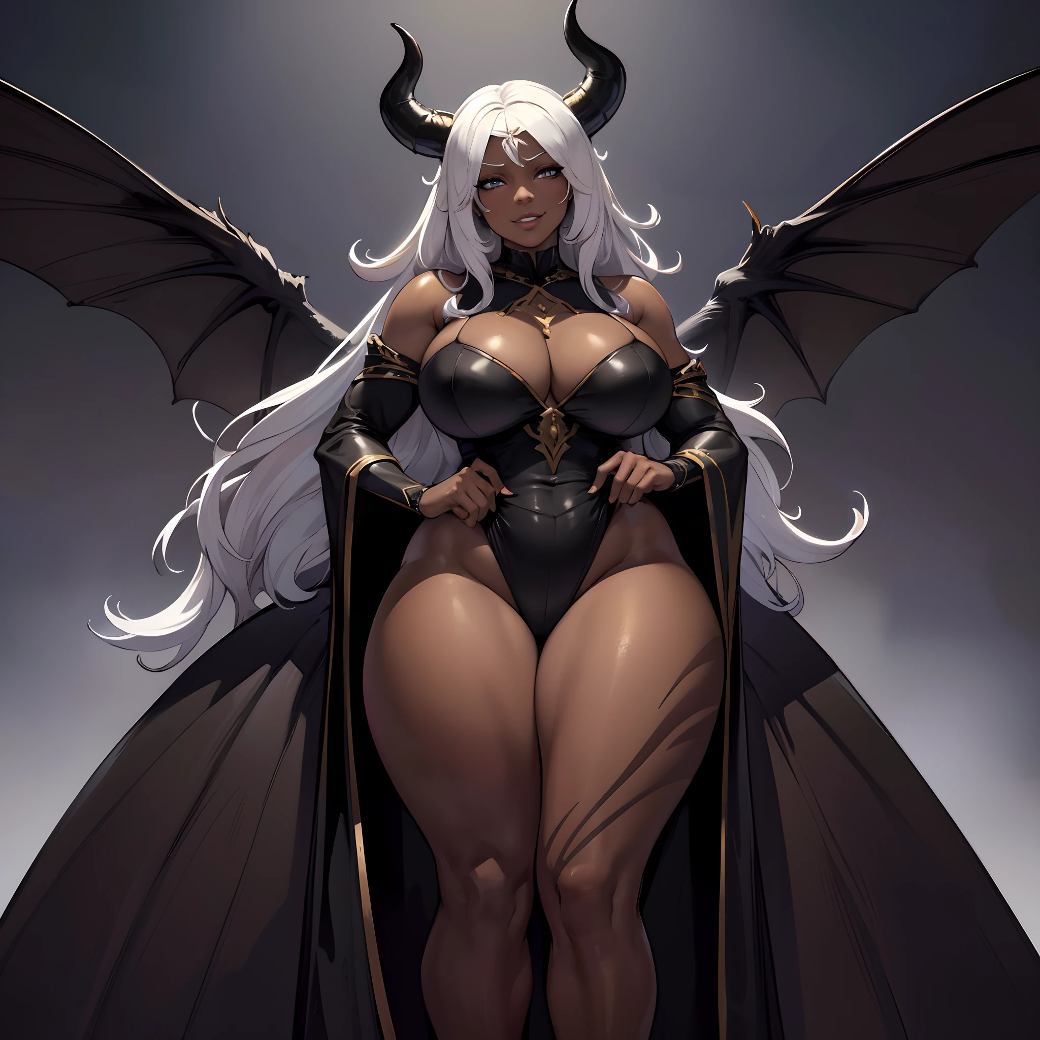 (best quality,4k,8k,highres,masterpiece:1.2), ultra-detailed, (realistic,photorealistic,photo-realistic:1.37), mature ebony-skinned female with long flowing silver hair, wearing a gilded form-fitting dress, curvy, thicc, has large black demon wings, has demonic horns, alluring gaze, portraits, seductive grin