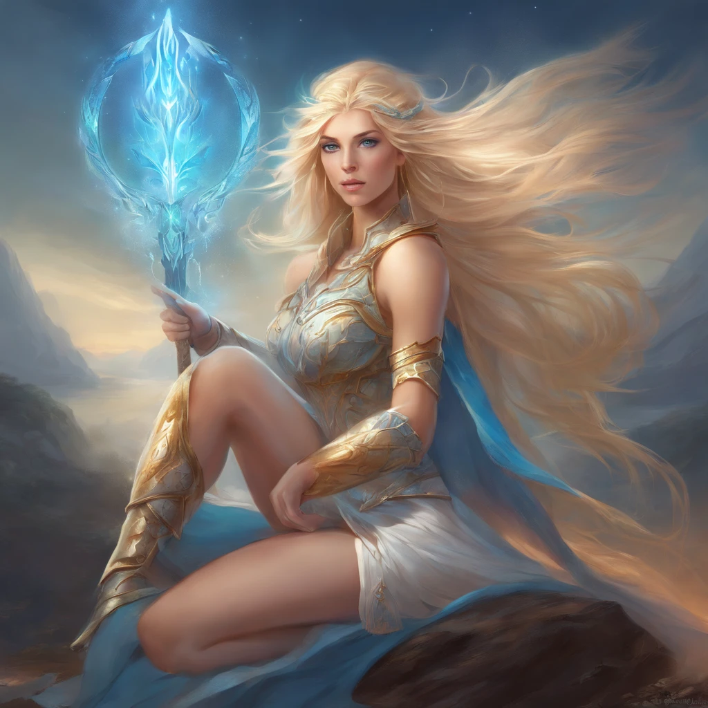 Nordic warrior naked Goddess, blonde hair, fierce blue eyes, full nude body, she is kneeling down, medium perfect breasts, nice pussy