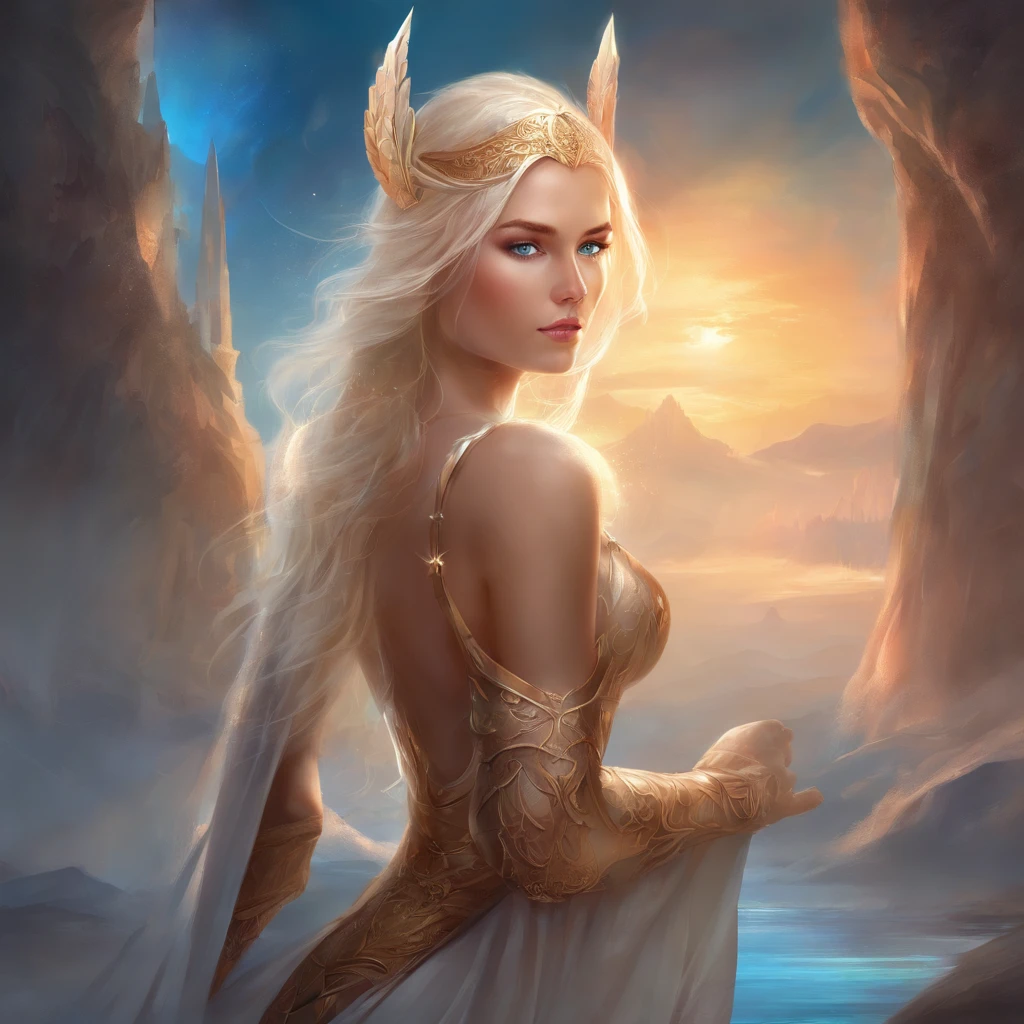 Nordic warrior Goddess, blonde hair, fierce blue eyes, full nude body, she is kneeling in a sensual way