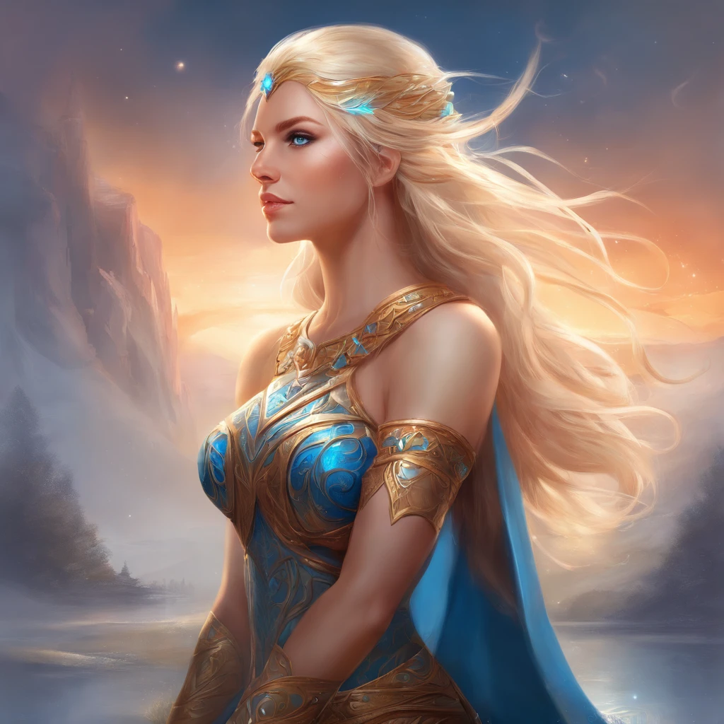 Nordic warrior Goddess, blonde hair, fierce blue eyes, full nude body, she is kneeling in a sensual way