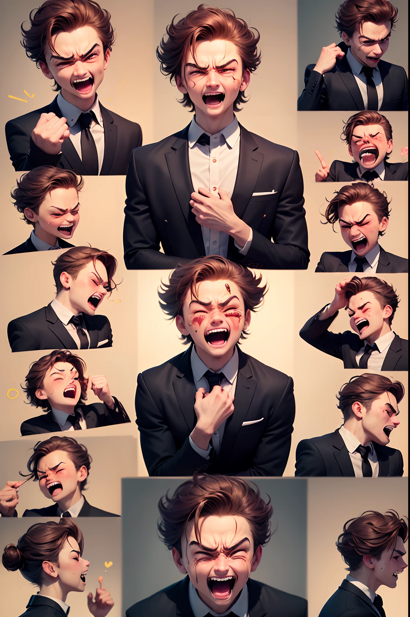 (male office worker, anime style character, Emoji pack), (teenage male, sleepless man, wearing suit:1.3)，(emoji design sheet)，Align arrangement, poses and expressions, (upper body),（Black strokes, Different emotions, various facial expressions), (multiple expressions of the same character:1.6)，(masterpiece, best quality, highly detailed, high-resolution illustration:1.2), (sad, happy, having fun, exhausted, big laugh, Angry, doubt, cute, wait, hurry）