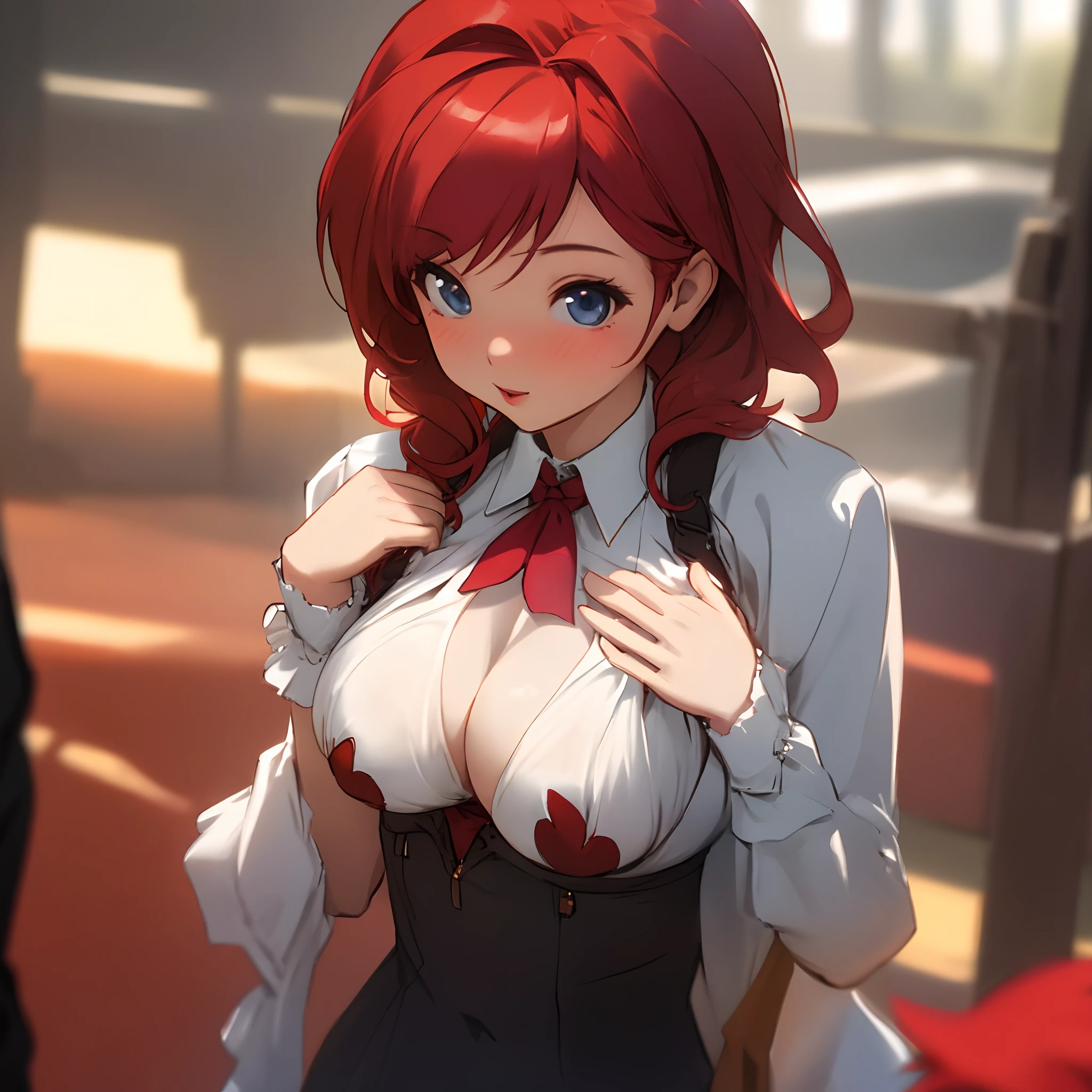 1lady, perky breasts, red hair, focus on the breasts, has 2 showing, wearing , has breasts exposed, having