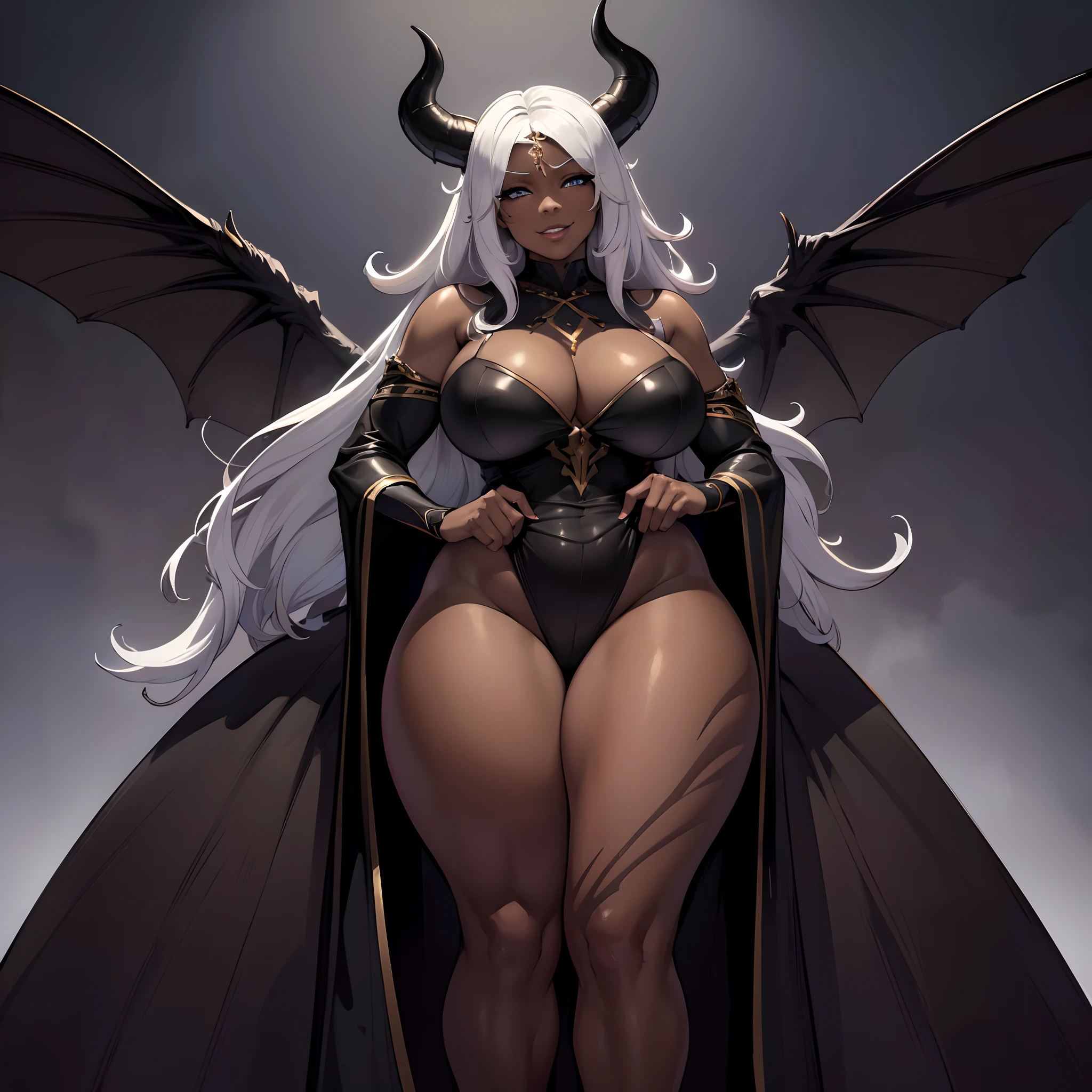 (best quality,4k,8k,highres,masterpiece:1.2), ultra-detailed, (realistic,photorealistic,photo-realistic:1.37), mature ebony-skinned female with long flowing silver hair, wearing a gilded form-fitting dress, curvy, thicc, has large black demon wings, has demonic horns, alluring gaze, portraits, seductive grin