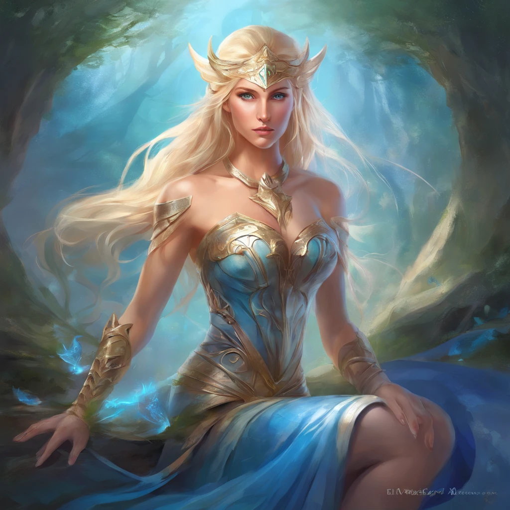 Nordic warrior naked Goddess, blonde hair, fierce blue eyes, full nude body, she is kneeling in a sensual way