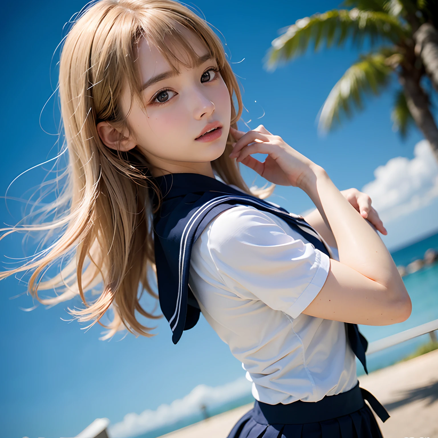 (masutepiece, Best Quality:1.2), 8K, Official art, Raw photo,Angle from directly below、Taken from directly below、Jumping、White panties 、Full Bord Bill Four、cute butt、e litrl s、Skirt flutters、skinny、14years、uievable Ridiculous, (Upper body, 校服、No sailor suit:1.4), Beautiful Girl, Pretty Face, arching back down,、a blond、Natural jumps、Sailor Suit, Short sleeve, violaceaess, Teen, Looking at Viewer, Film grain, chromatic abberation, Sharp Focus, face lights, Dynamic lighting, Cinematic lighting, Eyes and faces with detailed, Bokeh background,