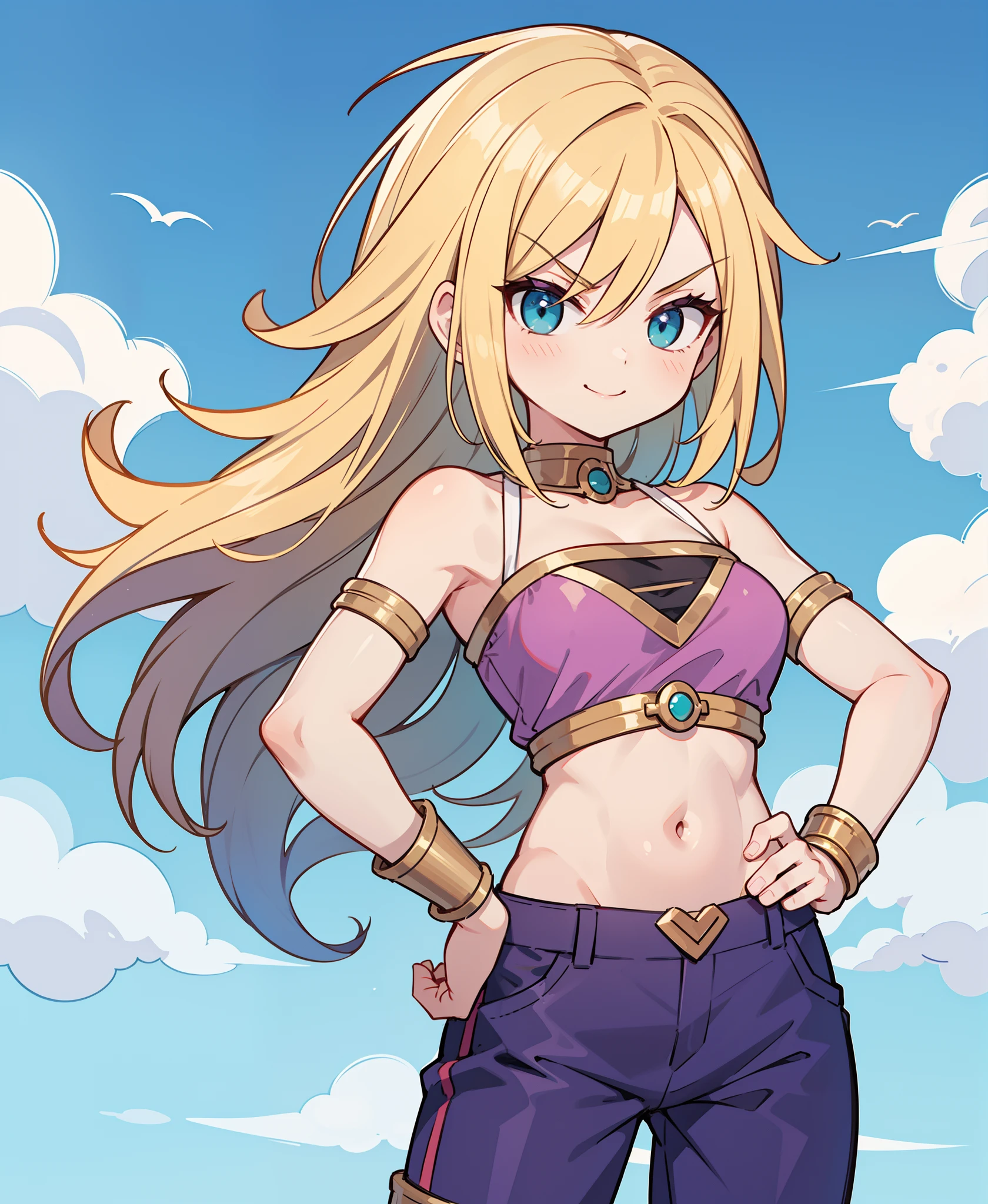 masterpiece, best quality, ssjcaulifla, blonde hair, aqua eyes, tube top, purple pants, bracers, cowboy shot, looking at viewer, smile, furrowed brow, hands to hips, sky, clouds
