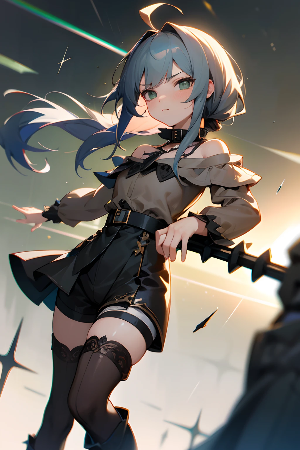 Illustration, UHD, retina, masterpiece, accurate, anatomically correct, super detail, high details, high quality, award winning, best quality, highres, good anatomy, 1080P, HD, 4K, 8k, 16k, 1girl, dynamic pose, androgynous, detailed eyes, detailed clothes, detailed hair, rendering, strands of hair, cute waifu, short greyish-blue hair, long locks, ahoge, spiky hair, grey dead eyes, straight face, blush, wearing a brown off shoulder shirt, green oversized detached sleeves, wearing black micro shorts, wearing white thigh highs, wearing black boots, side breast window, bare legs, intricate outfit design, wearing a collar, lighting, thunder, raining, grey sky, rainbow shattered triangles in blurry forground, looking at viewer, tilted head, cinematic lighting