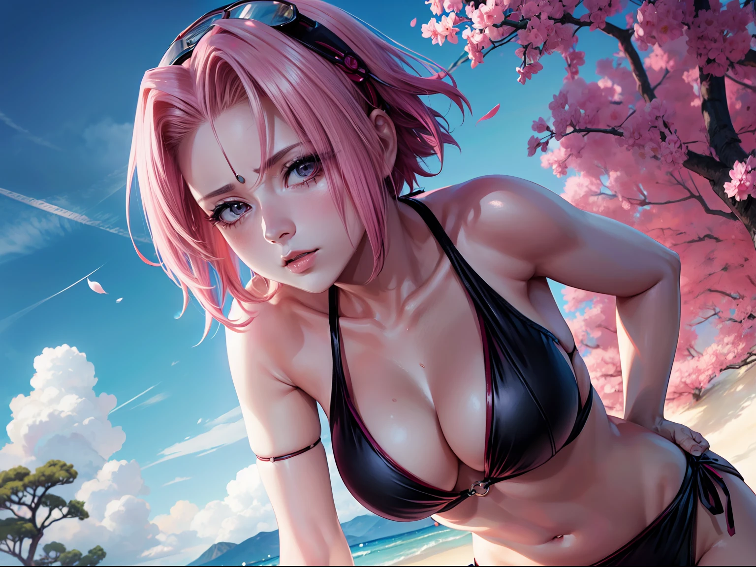 sakura haruno, ((4k, master part, alta qualidade, detalhe)), short hair, in black bikini , mostrando suas axilas, agachamento sexy, mostrando-lhe , floresta, ((majo)), anime Naruto shipudden