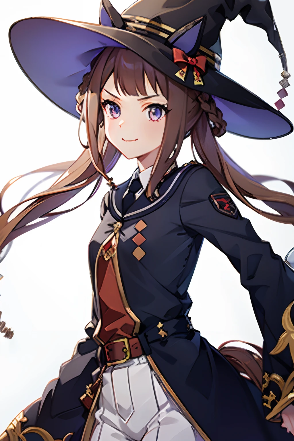 (masutepiece.top-quality).(Dynamic Angle).1 girl in.brown haired.long.Horse-eared girl.Brown horse tail.Beautiful eyes.witch's hat.smil.(Sleeves long)