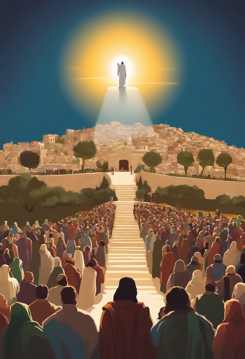 Jesus, vestido com um manto branco, is at the top of the Mount of Olives. He is surrounded by a large crowd of people who have gathered to hear his words. The sun is shining brightly in the clear blue sky, iluminando a cena. As oliveiras, verde e frondoso, Rodeie o Monte, criando uma paisagem deslumbrante. Jesus has his hands raised, Preaching to the crowd. The crowd is silent, escutando atentamente suas palavras.