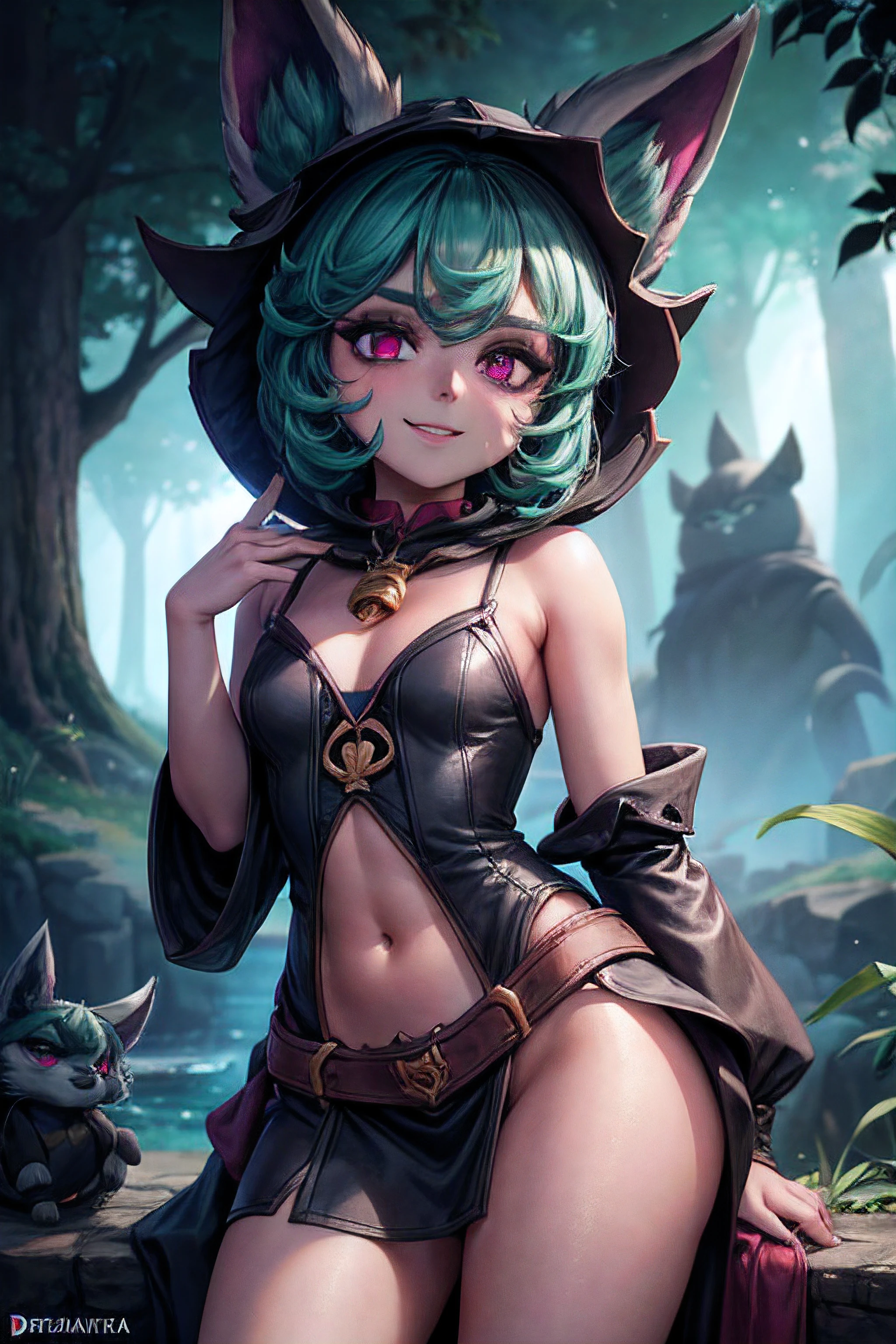 Regla de los tercios, Antropo peludo vex Yordle, solamente, cuerpo peludo, cubierto de piel, Fantasy Adventure Clothing, pila corta, (La mejor calidad, Detalles extremadamente intrincados, Hermosos ojos, Cara detallada, e621), cabello verde oscuro, Estilo-Glorioso, (En pie, pose sexy:1.2), seductor, sonrisa afectada, luciendo complacido, sonrojarse, manos en las caderas, Fondo de League of Legends al aire libre, senos laterales, ropa, completamente vestido, Renderizado de octanaje, romantic lighting, (Pelaje esponjoso detallado),
 INFO