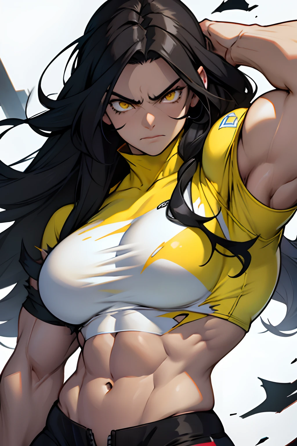 (1 girl bodybuilder) black hair very long hair yellow eyes pale skin angry torn clothes