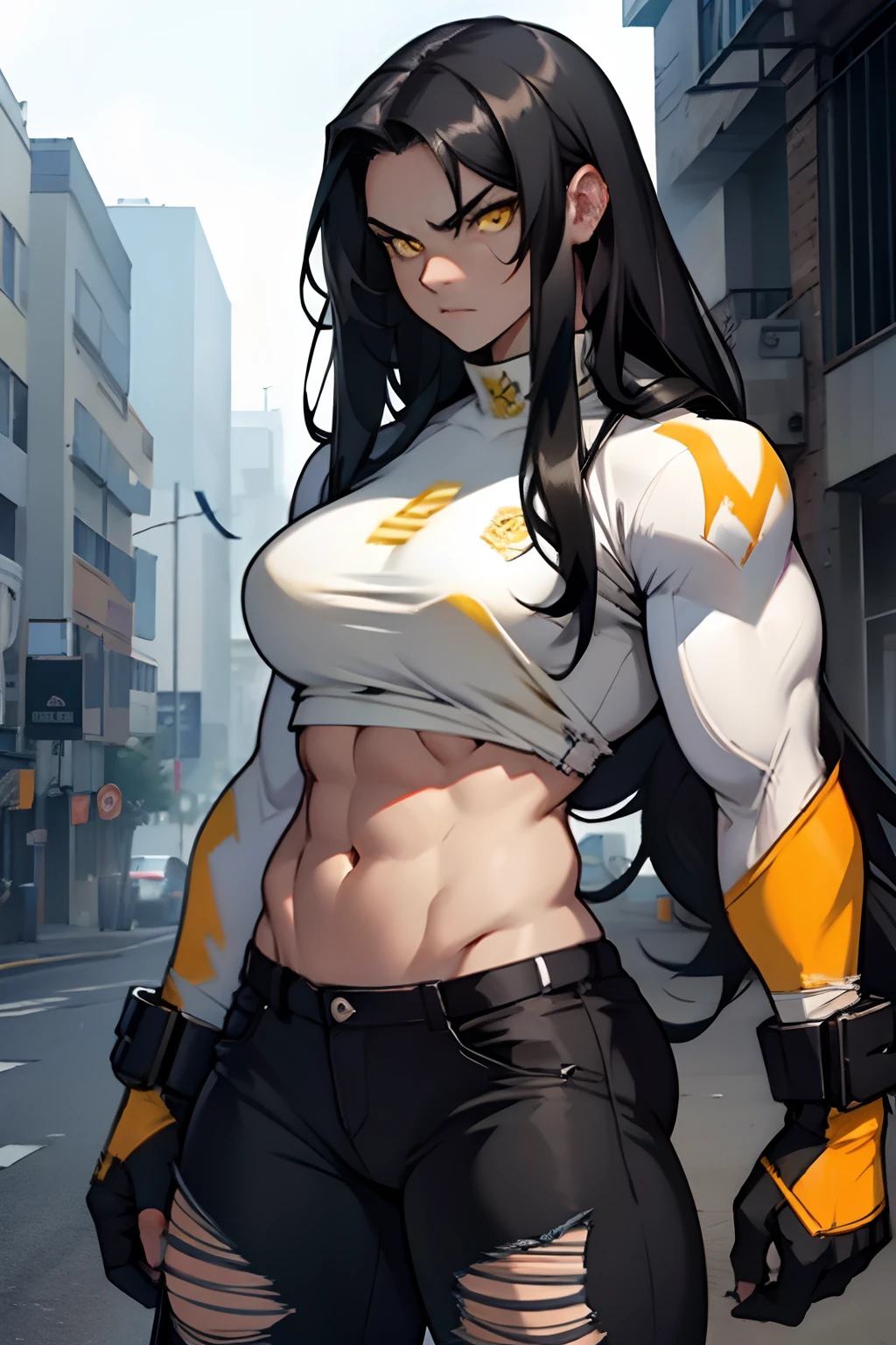 1girl black hair yellow eyes very long hair pale skin angry bodybuilder huge breasts muscular toned body long abs