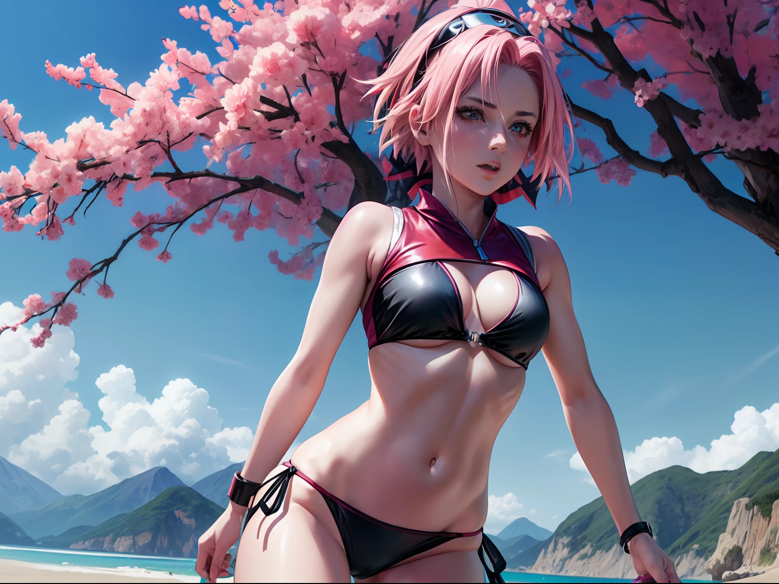 sakura haruno, ((4k, master part, alta qualidade, detalhe)), short hair, in black bikini , mostrando suas axilas, agachamento sexy, mostrando-lhe , floresta, ((majo)), anime Naruto shipudden
