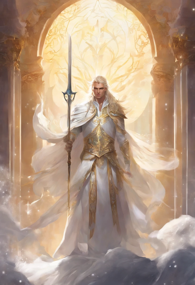 A male. He is a heavenly being and he is dressed in all white, has blond hair and is armed with a sword. He also has a white mask to hide his face