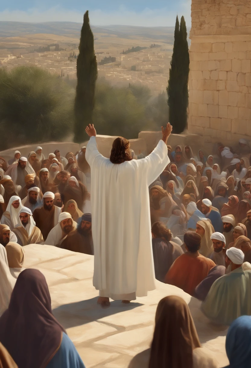 esus, vestido com um manto branco, is at the top of the Mount of Olives. He is surrounded by a large crowd of people who have gathered to hear his words. The sun is shining brightly in the clear blue sky, iluminando a cena. As oliveiras, verde e frondoso, Rodeie o Monte, criando uma paisagem deslumbrante. Jesus has his hands raised, Preaching to the crowd. The crowd is silent, escutando atentamente suas palavras.