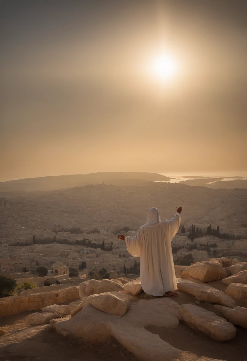 esus, vestido com um manto branco, is at the top of the Mount of Olives. He is surrounded by a large crowd of people who have gathered to hear his words. The sun is shining brightly in the clear blue sky, iluminando a cena. As oliveiras, verde e frondoso, Rodeie o Monte, criando uma paisagem deslumbrante. Jesus has his hands raised, Preaching to the crowd. The crowd is silent, escutando atentamente suas palavras.