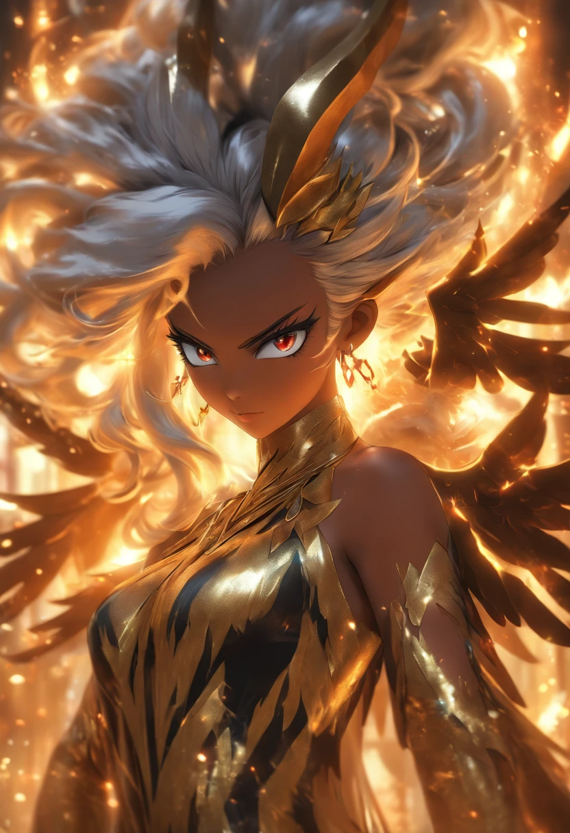 (best quality,4k,8k,highres,masterpiece:1.2), ultra-detailed, (realistic,photorealistic,photo-realistic:1.37), mature ebony-skinned female with long flowing silver hair, wearing a gilded form-fitting dress, curvy, thicc, has large black demon wings, has demonic horns, alluring gaze, portraits, seductive grin