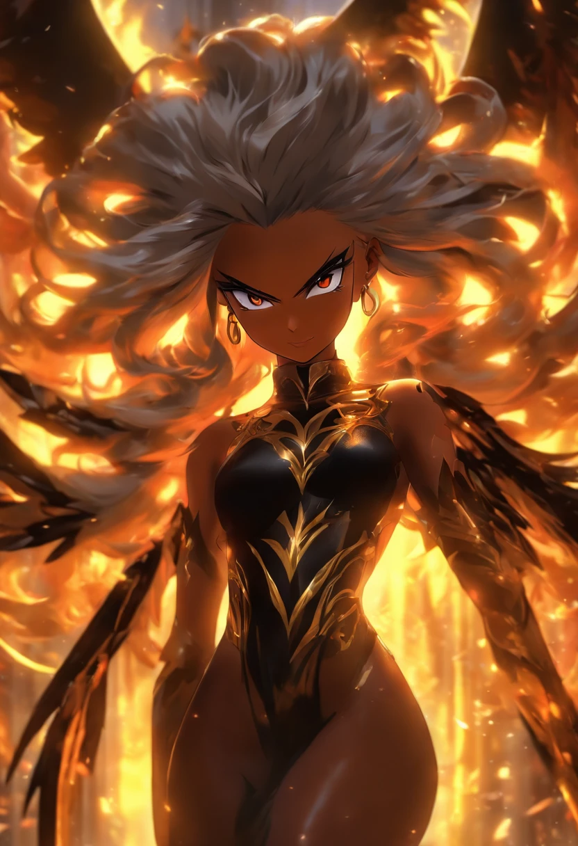 (best quality,4k,8k,highres,masterpiece:1.2), ultra-detailed, (realistic,photorealistic,photo-realistic:1.37), mature ebony-skinned female with long flowing silver hair, wearing a gilded form-fitting dress, curvy, thicc, has large black demon wings, has demonic horns, alluring gaze, portraits, seductive grin