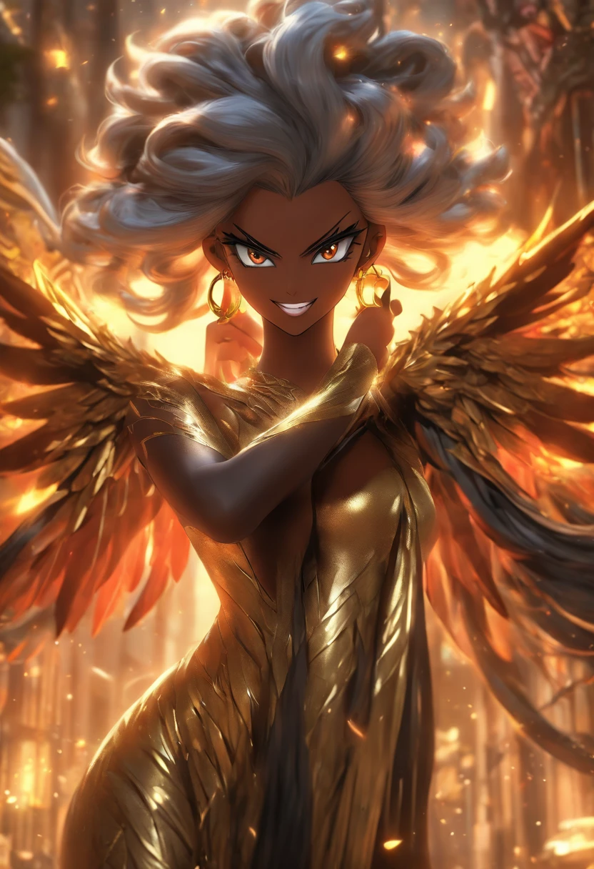 (best quality,4k,8k,highres,masterpiece:1.2), ultra-detailed, (realistic,photorealistic,photo-realistic:1.37), mature ebony-skinned female with long flowing silver hair, wearing a gilded form-fitting dress, curvy, thicc, has large black demon wings, has demonic horns, alluring gaze, portraits, seductive grin