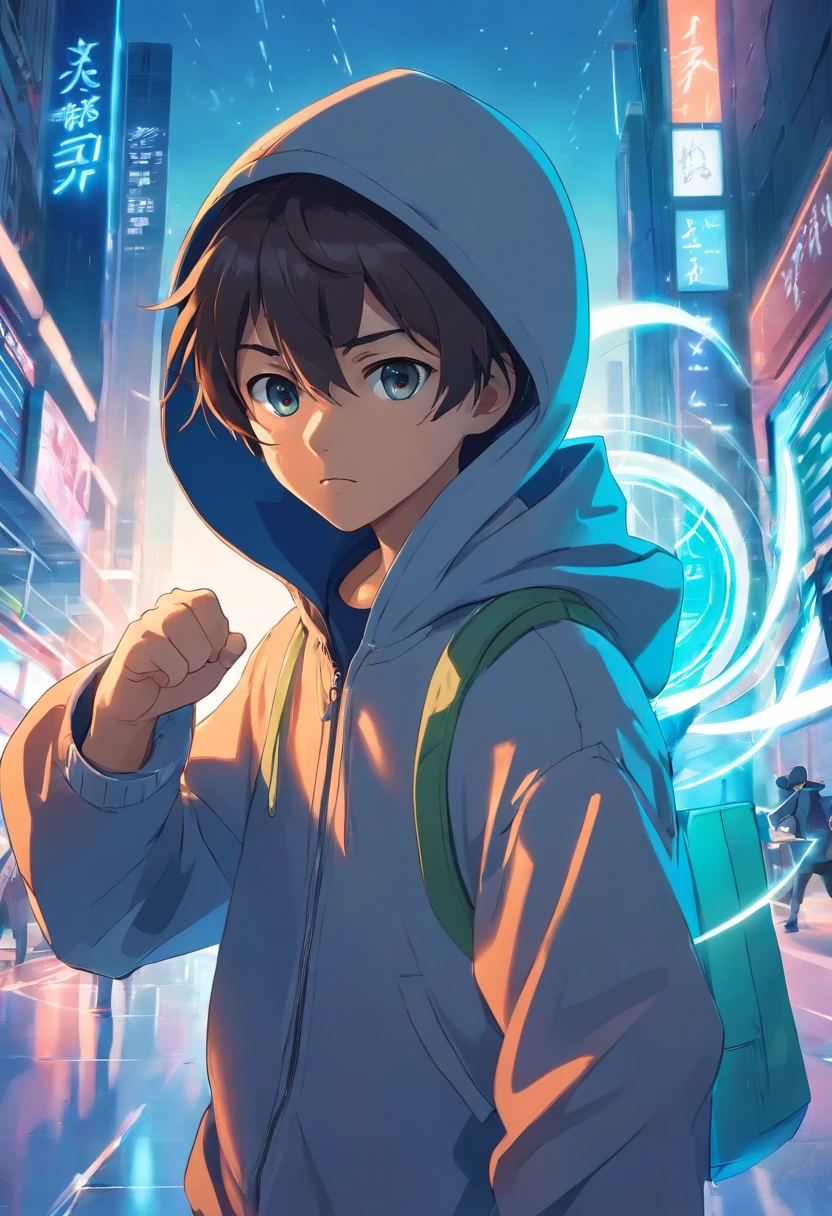 Hooded Boy And Fighting Pose With Futuristic Mask