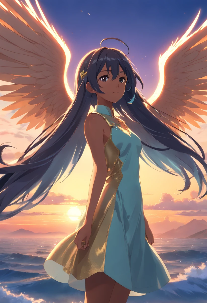 (best quality,4k,8k,highres,masterpiece:1.2), ultra-detailed, (realistic,photorealistic,photo-realistic:1.37), mature ebony-skinned female with long flowing silver hair, wearing a gilded form-fitting dress, curvy, thicc, has large black demon wings, has demonic horns, alluring gaze, portraits, seductive grin