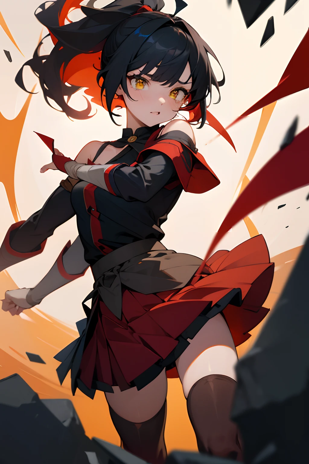 Illustration, UHD, retina, masterpiece, accurate, anatomically correct, super detail, high details, high quality, award winning, best quality, highres, good anatomy, 1080P, HD, 4K, 8k, 16k, 1girl, dynamic pose, androgynous, detailed eyes, detailed clothes, detailed hair, rendering, strands of hair, cute waifu, short dark blue hair, short ponytail, bangs, short locks, 2 ahoges, yellow eyes, crying, circle pupils, wearing off shoulder black shirt, detached sleeves, wearing a red cloack, red hood on, wearing a black mirco pleated skirt, grey thigh highs, wearing red boots, being shot at, fire, debree, rocks flying, air visble, scars on face, ripped