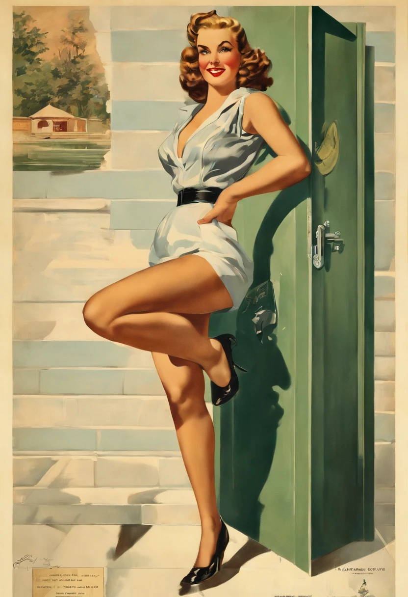 Oil Painting on canvas by Earl Moran, pin-up girl in  naked standing sideways, patriotic, realist detail , uniformly staged images, light red and blue, range rcore, American scene painting, calendar girls, masterpiece art work, 8k,