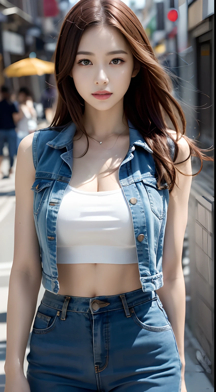 younger sister, Gal, Off the shoulder, Off the shoulderダーの服, Shoulder straps, Navel Fashion, Exposing your belly, Jeans-like jacket, Shorts, Short trousers,  Big Breasts, cute,Japanese, beautiful girl, 超絶beautiful girl, Perfect Face, Correct Anatomy, Ultra-high resolution, RAW Photos