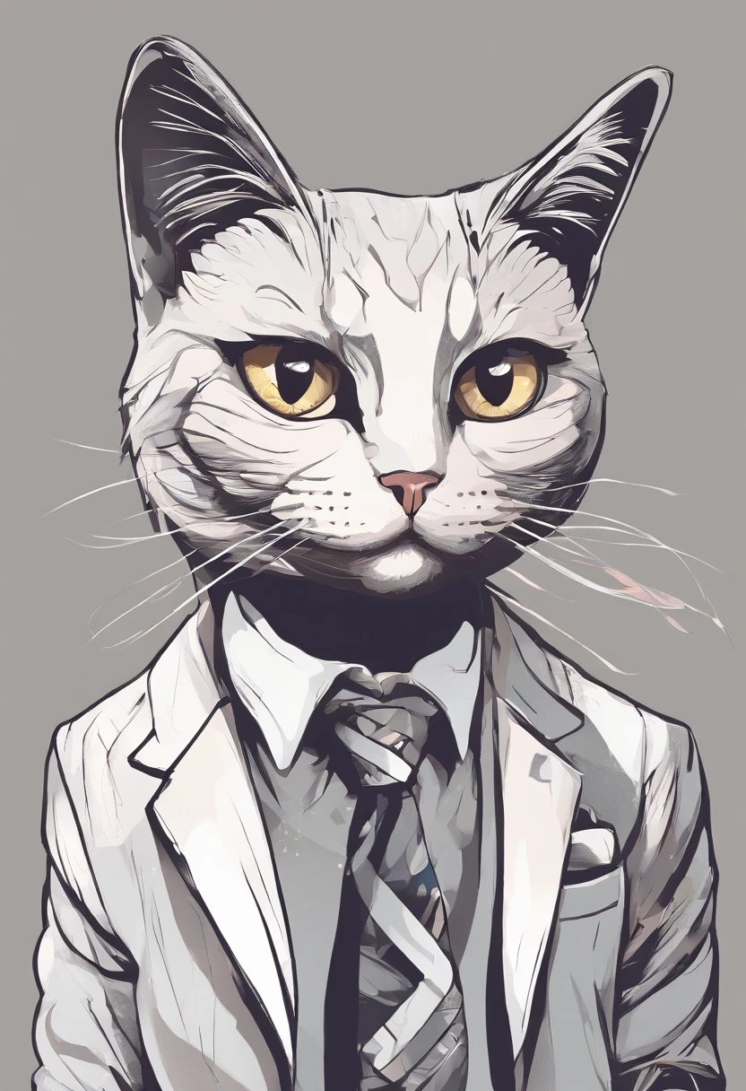 Anthropomorphic gray cat, olhos amarelos do gato, um rasgo em sua orelha, camisa branca simples, jaqueta marrom neutra, almofadas de pata cor-de-rosa, Smooth expression, sorriso suave