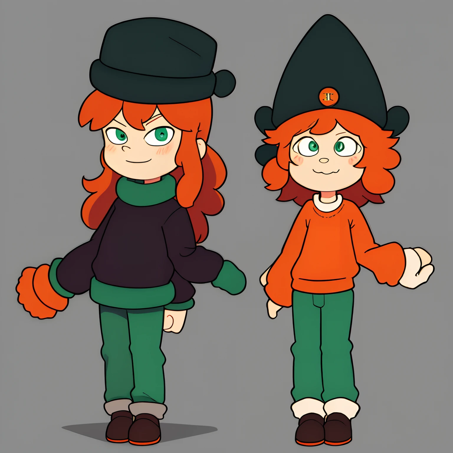 A cute drawing of a 9 year old boy with curly ginger hair, an orange sweater with dark green accents, teal almost grey pants, green mittens, and a green ushanka hat/flap hat with dark green fur lining.