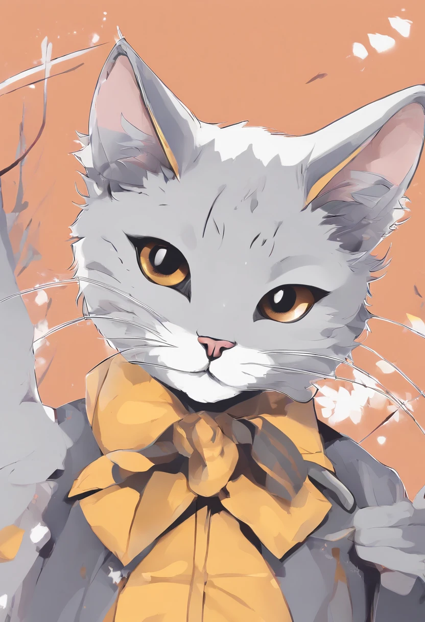 Anthropomorphic gray cat, olhos amarelos do gato, um rasgo em sua orelha, camisa branca simples, jaqueta marrom neutra, almofadas de pata cor-de-rosa, Smooth expression, sorriso suave,empresario furry, estilo vrchat avatar