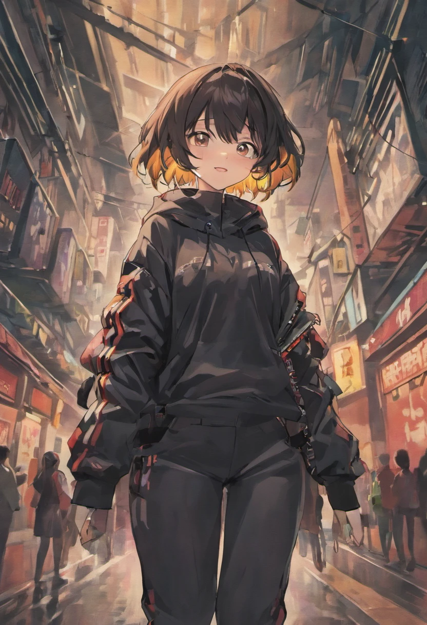 (Orochikyo, female version)(chaqueta negra de manga corta),pantalones negros,Guantes sin dedos,camiseta blanca, diadema blanca,zapatos blancos,
(La mejor calidad, Obra maestra, Foto RAW,Ultra detallado:1.2), 1girl,solamente,Mirando al espectador,They are smiling
