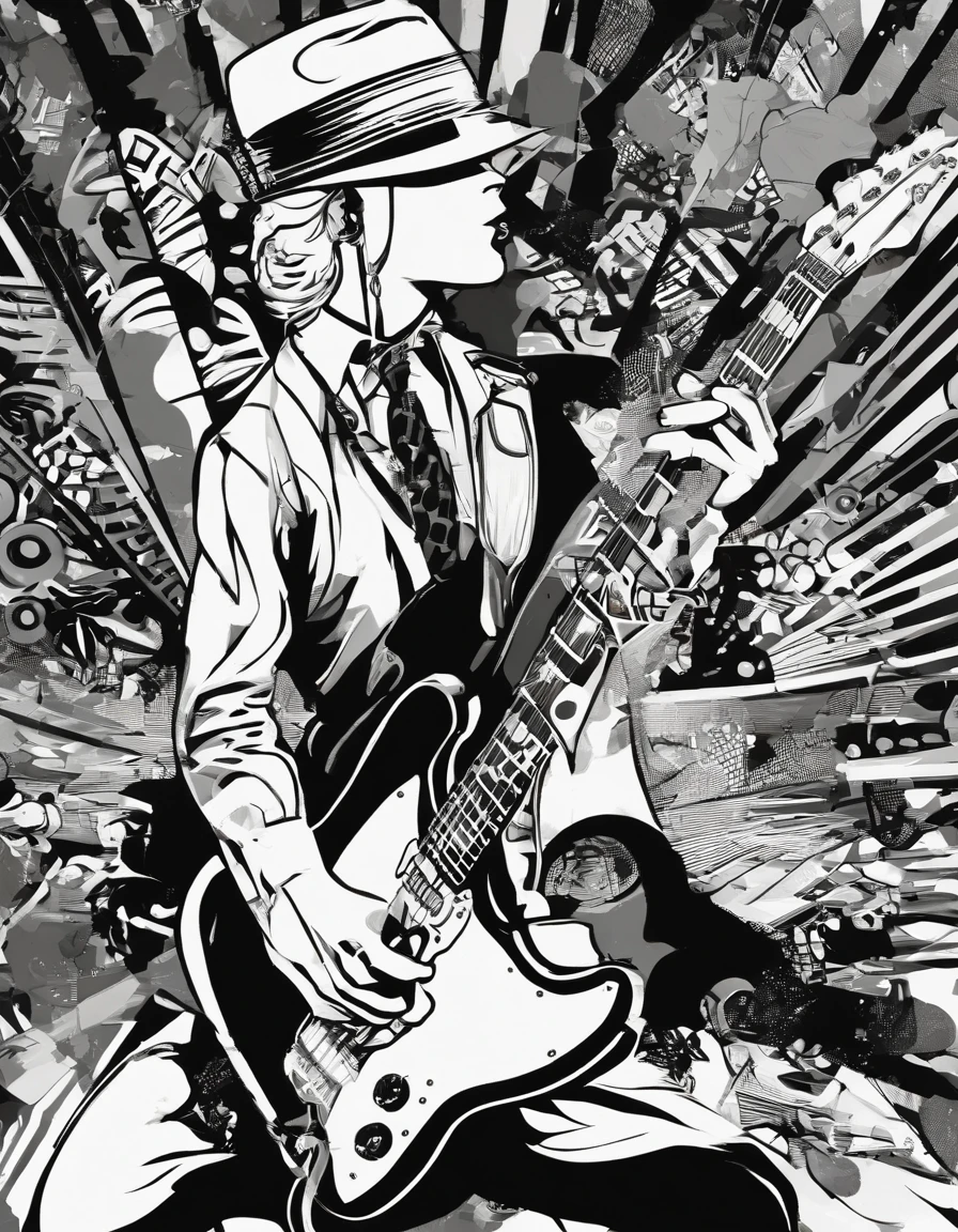 banda de Rock. guitarrista blanco, delgado, cabello negro y muy largo, apasioado con su guitarra electrica de color blanco y negro. Tocando en un escenario profesional con luces, niebla, pantallas y pirotecnia. super realista , iluminacion profesional, un raton