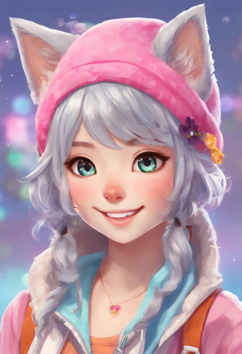Anthropomorphic gray cat, olhos amarelos do gato, um rasgo em sua orelha, camisa branca simples, jaqueta marrom neutra, almofadas de pata cor-de-rosa, Smooth expression, sorriso suave,Empreendedor Furry, Estilo Vrchat Avatar
