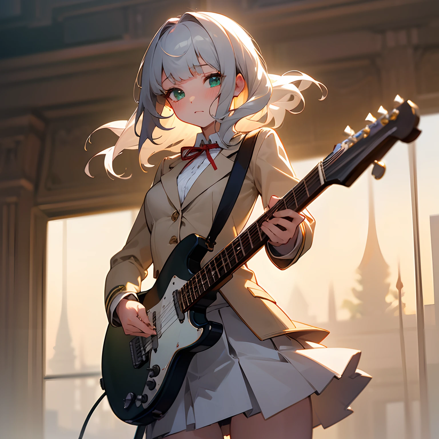 ((Masterpiece)), (Professional Photography:1.2), (High Definition:1.3), best quality, 8K, Textured skin, cinematic lighting, (1girl), short stature, ((cute teenage young girl)), (very blunt bangs, slightly loose curls hair, breasts length hair, high details of pale silver hair), (very blush), brilliant green eyes, drooping eyes, (playing a electric guitar on the plaza), slender waist, undress slovenly, (pale Ivory color blazer student's uniform, white blouse, red string ribbon, brown skirt)